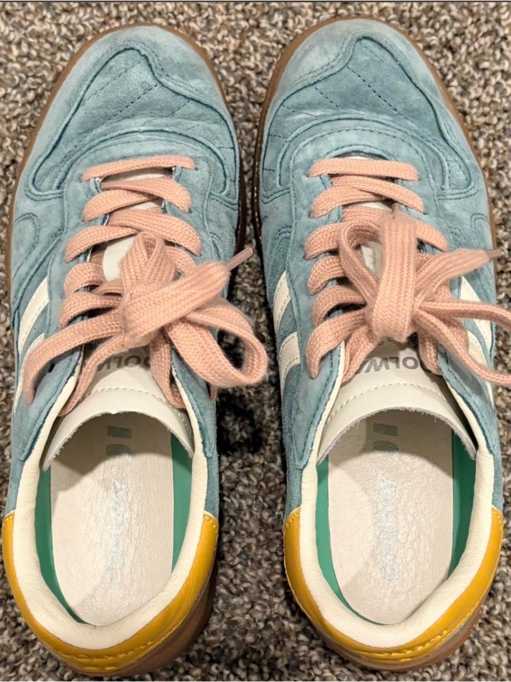 Women Coolway Goal Casual Suede Sneakers in Light Teal with Pink Laces